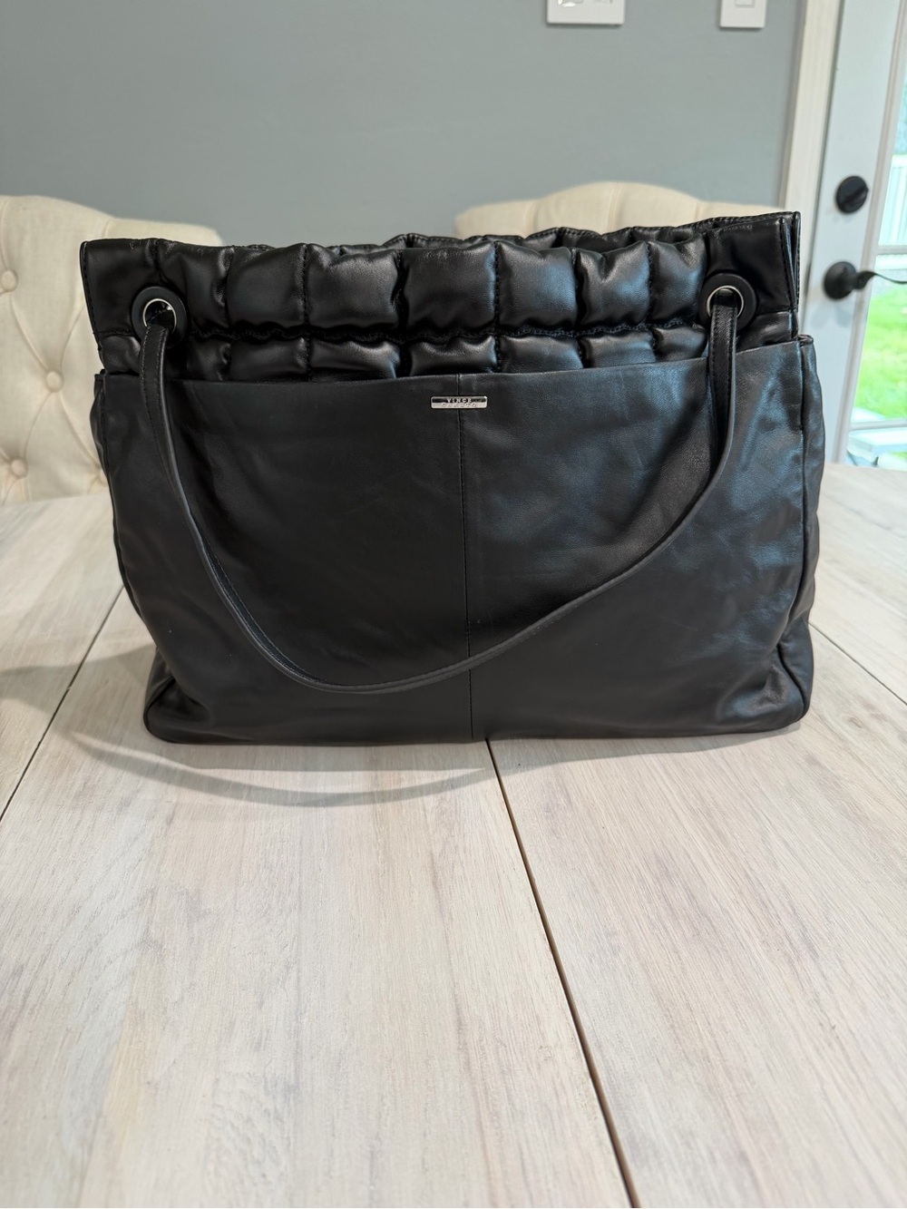 Vince Camuto Black Quilted-Top Leather Tote Bag